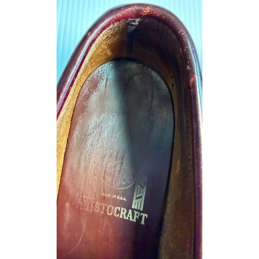 Aristocraft Mens Burgundy Leather Penny Loafers Made USA Slip On Moc Toe Vintage